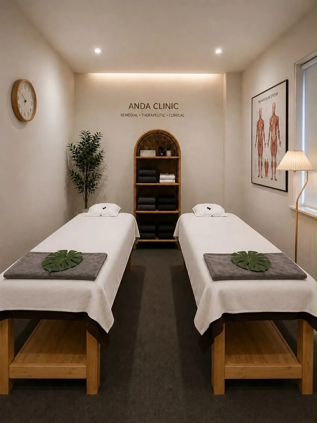 Symmetrical twin-bed room with ANDA Clinic wall lettering and rattan shelf — Camberwell