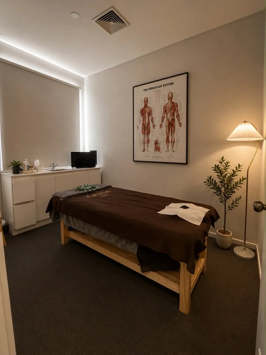 Camberwell treatment room — single bed on pale-timber frame, pleated floor lamp and potted olive tree
