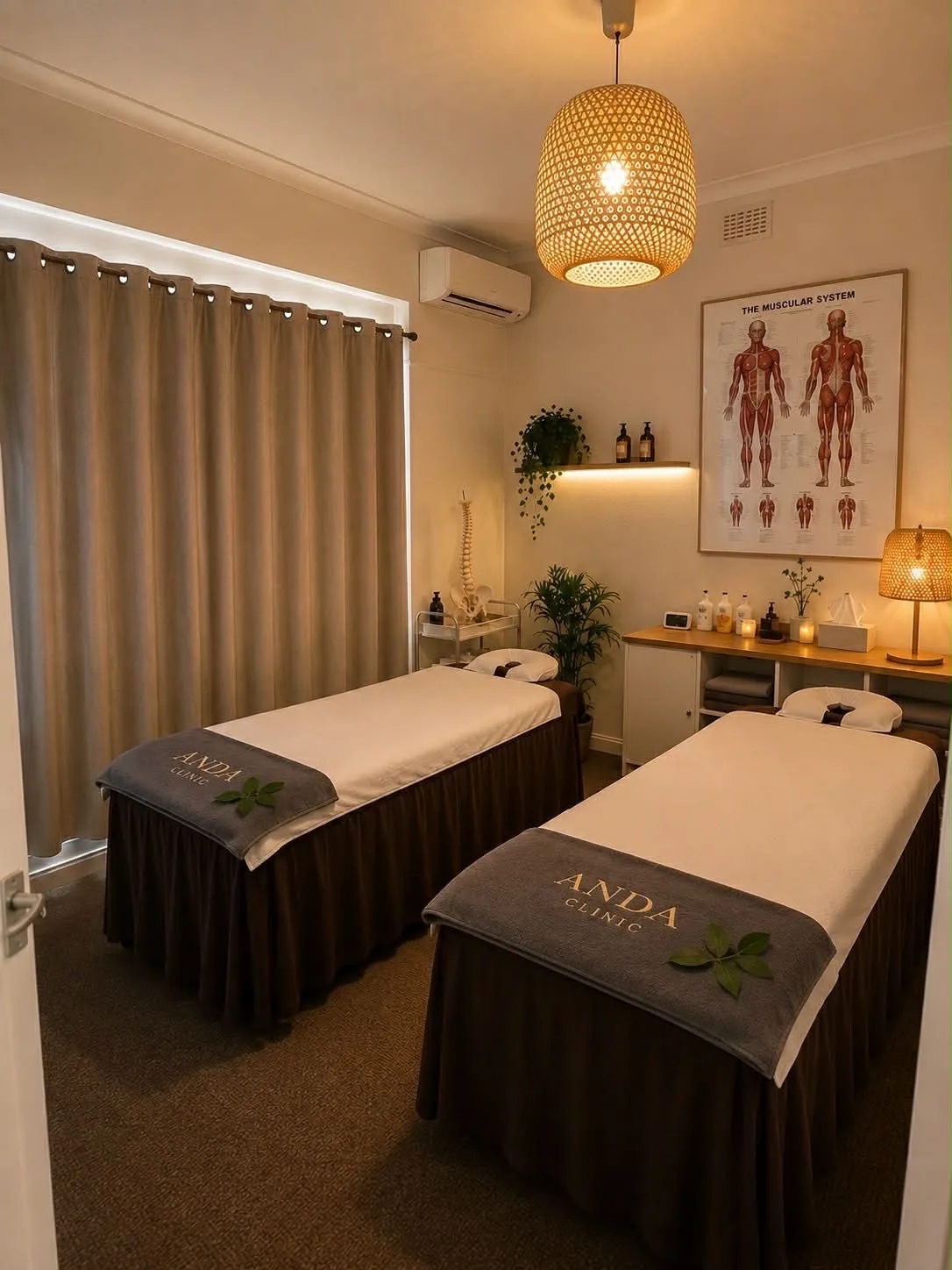 Twin-bed room with rattan pendant, spine model and ANDA towels — Balwyn
