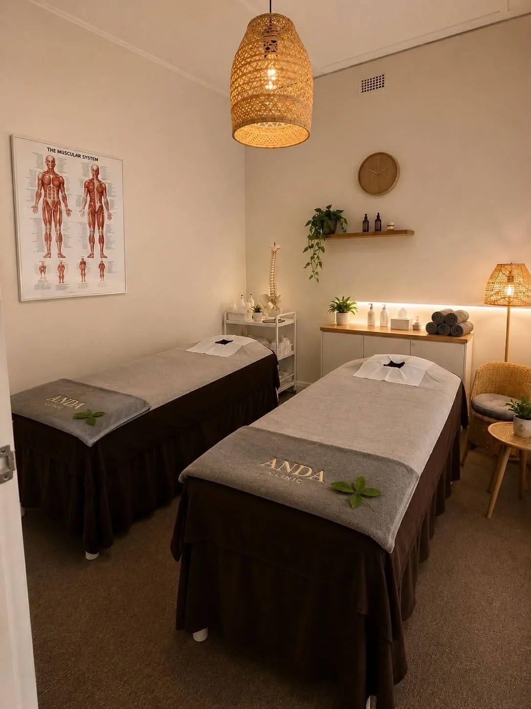 Balwyn twin-bed treatment room with woven pendant, product shelf and spine model
