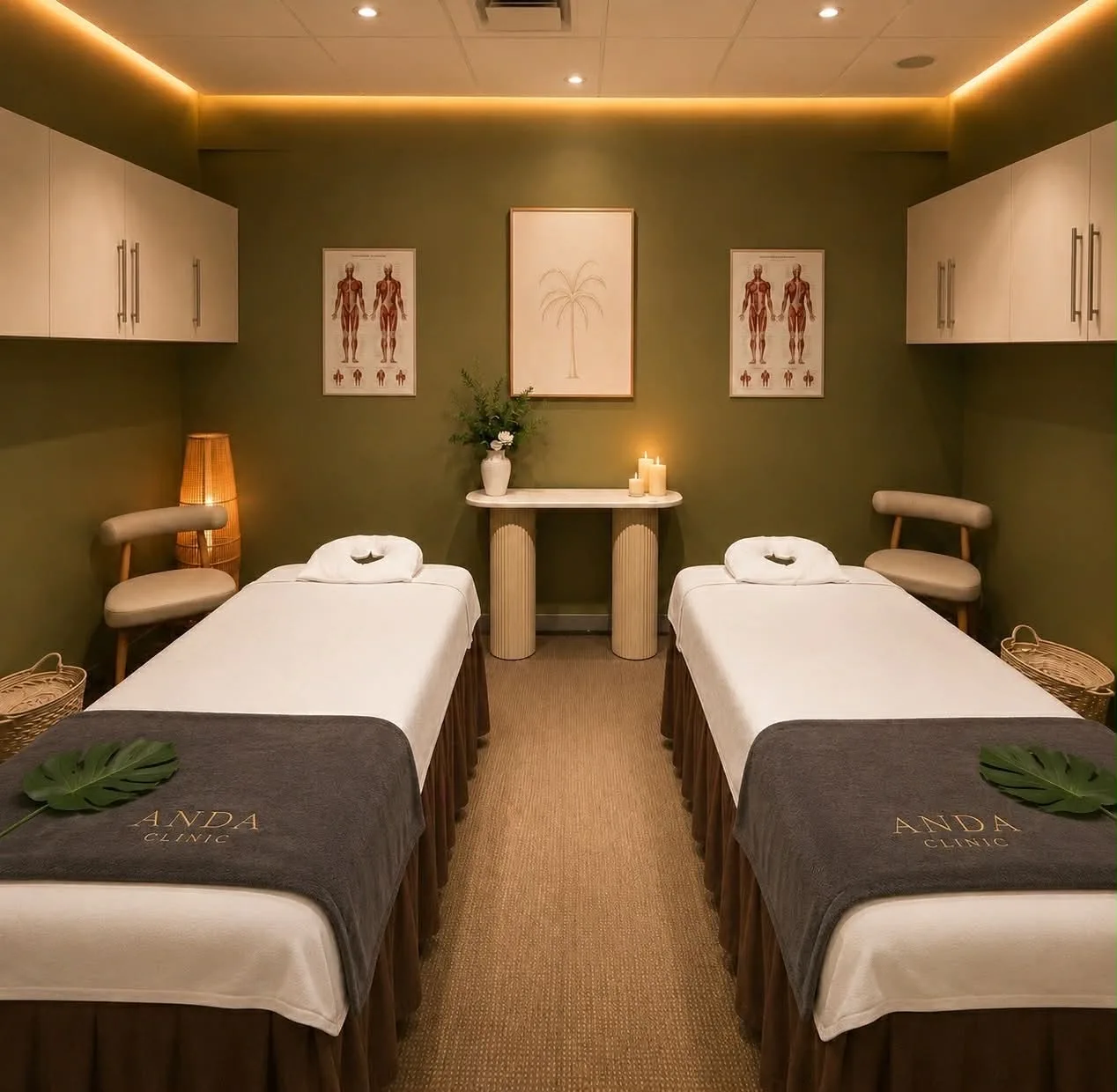 Twin-bed treatment room with olive walls, candles and ANDA-embroidered towels — Melbourne CBD