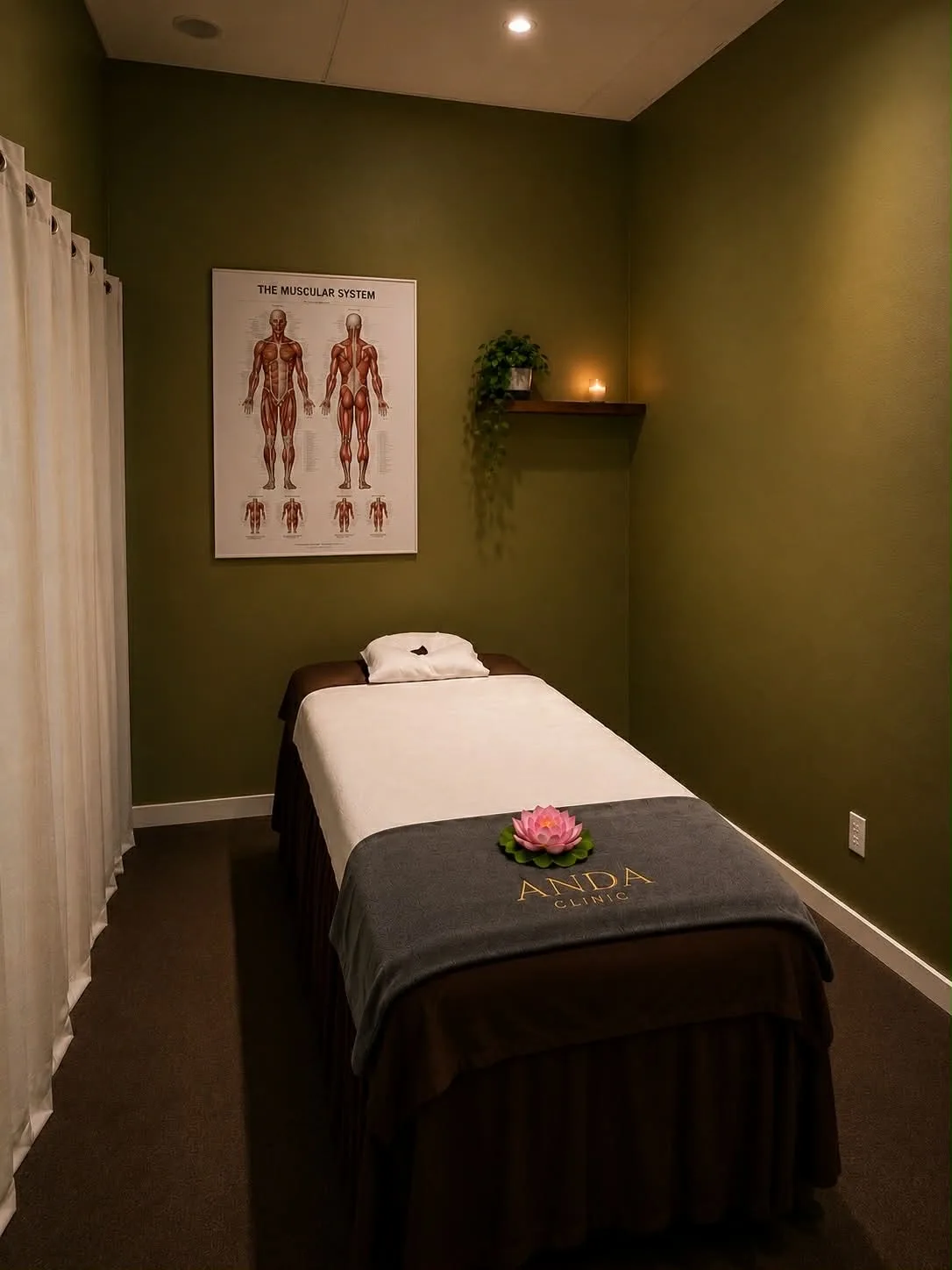 Single treatment room with deep-olive wall, anatomy chart and lotus-dressed bed — Melbourne CBD