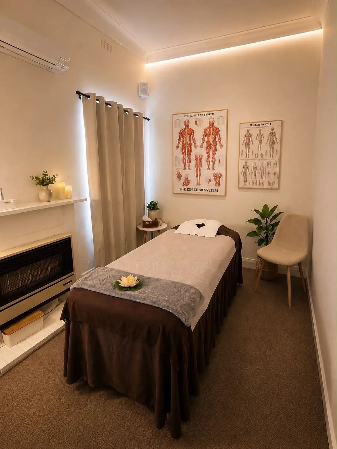 Warm cream treatment room with vintage fireplace, candles and anatomy charts — Balwyn